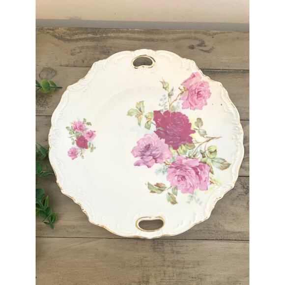 Antique Porcelain Cake Plate Roses Gold Trim Floral Tray Romantic Victorian Pink - Picture 4 of 11